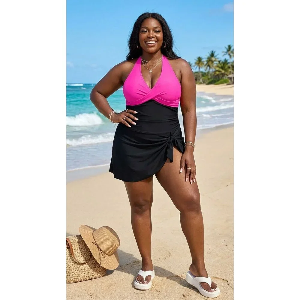 Blooming Jelly Size 2XL One-Piece Swimsuit Ruched Pink Black Adjustable Back